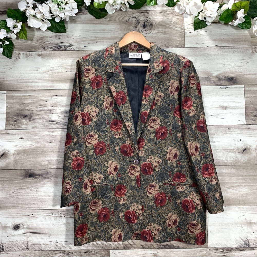 Vintage 90s Liz Baker floral boxy blazer jacket women’s size 12 academia novelty